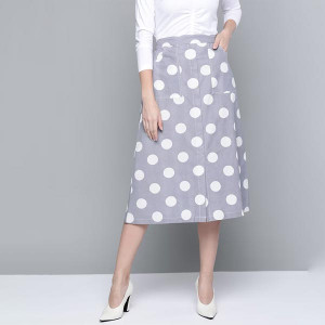 Grey & White Polka Dot Print Cotton Linen Front Slit Midi A-Line Skirt